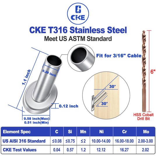 CKE Silver 30 Degree Cable Railing Angle Beveled Protector Sleeves For 5/32