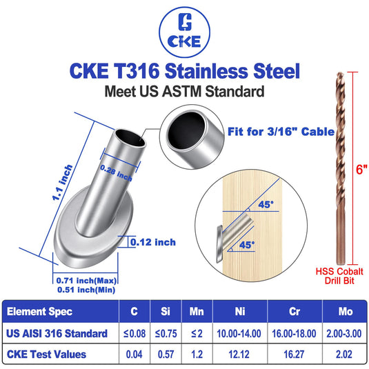 CKE Silver 45 Degree Cable Railing Angle Beveled Protector Sleeves For 1/8