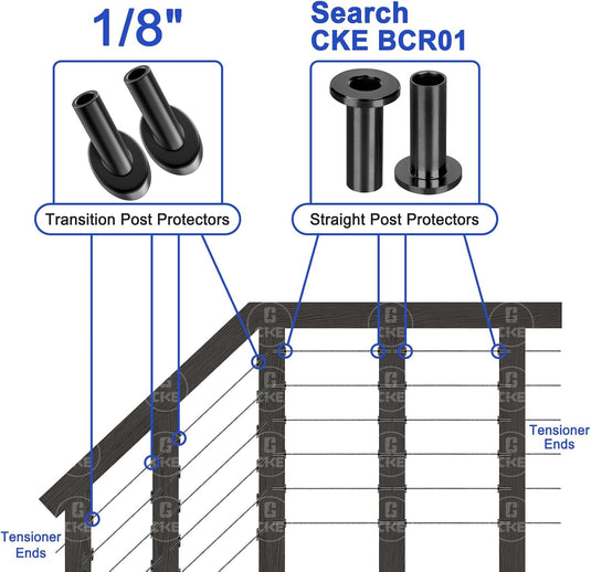 CKE Black 45 Degree Cable Railing Angle Beveled Protector Sleeves For 1/8" Wire Rope,BCR03-1/8-45