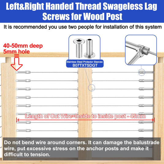 CKE 20 Pack 1/8" Swageless Lag Screws Left & Right Cable Railing Hardware Kit CR303_03