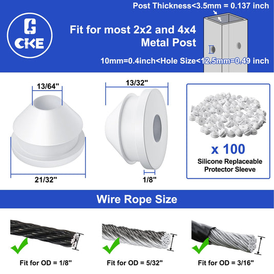 CKE White Cable Railing Rubber Grommets Protective Sleeves For 1/8" 5/32" 3/16" Cable, CR10