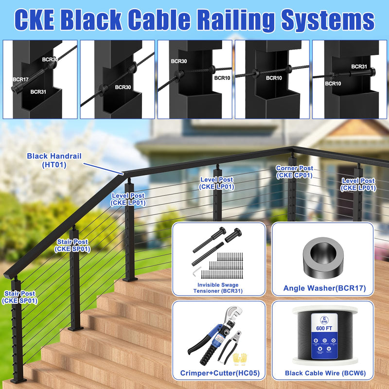 Load image into Gallery viewer, CKE 2 Pack 6'6" Stainless Steel Black Rectangular Handrail HT01_07