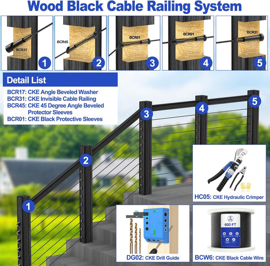 CKE Black 45 Degree Cable Railing Angle Beveled Protector Sleeves For 1/8" Wire Rope,BCR03-1/8-45