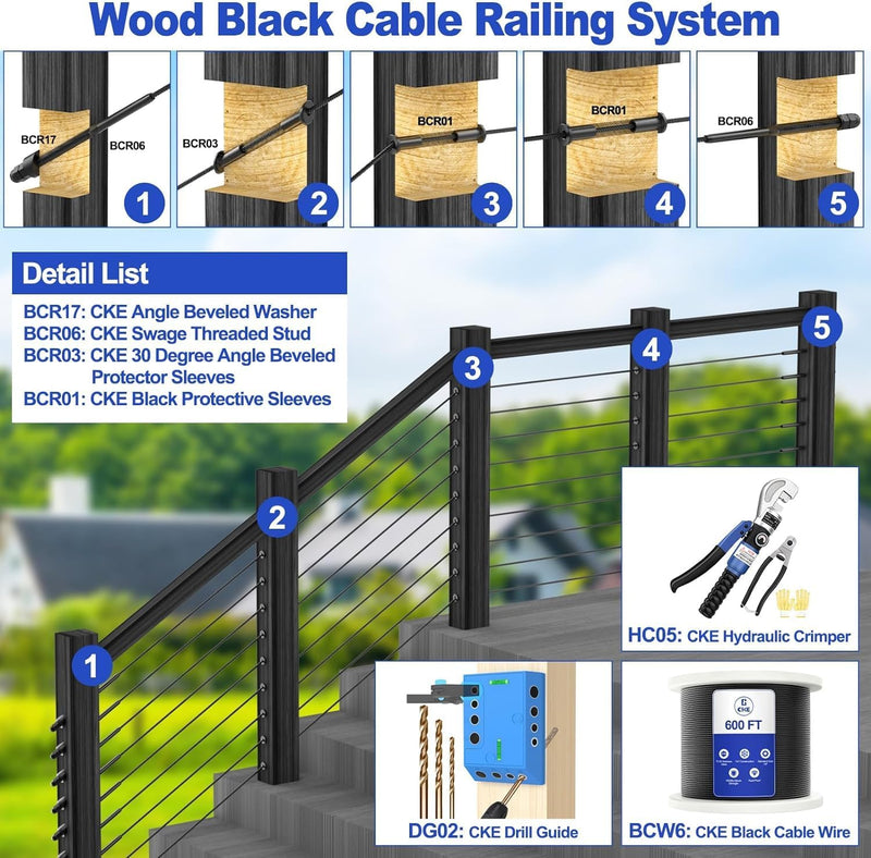 Load image into Gallery viewer, CKE Black 30 Degree Cable Railing Angle Beveled Protector Sleeves For 1/8" Wire Rope,BCR03-1/8-30