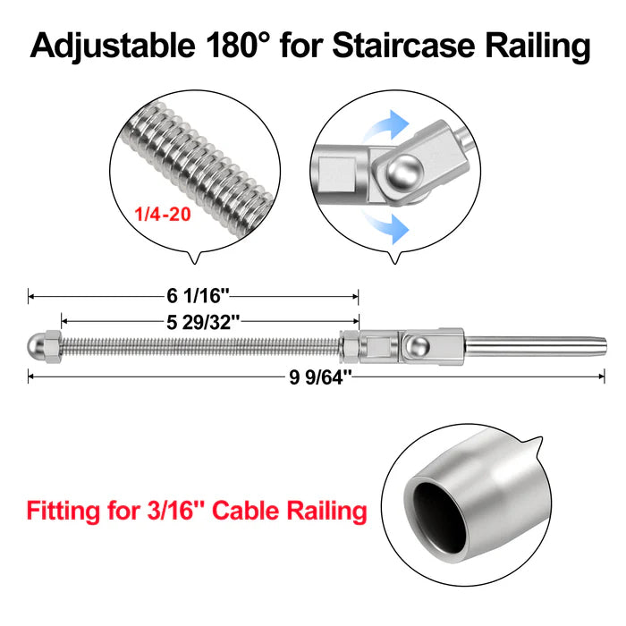 Load image into Gallery viewer, CKE 3/16" 180° Adjustable Angle Cable Railing Swage Threaded Stud Tensioner For Wood/Metal Posts CR203-600