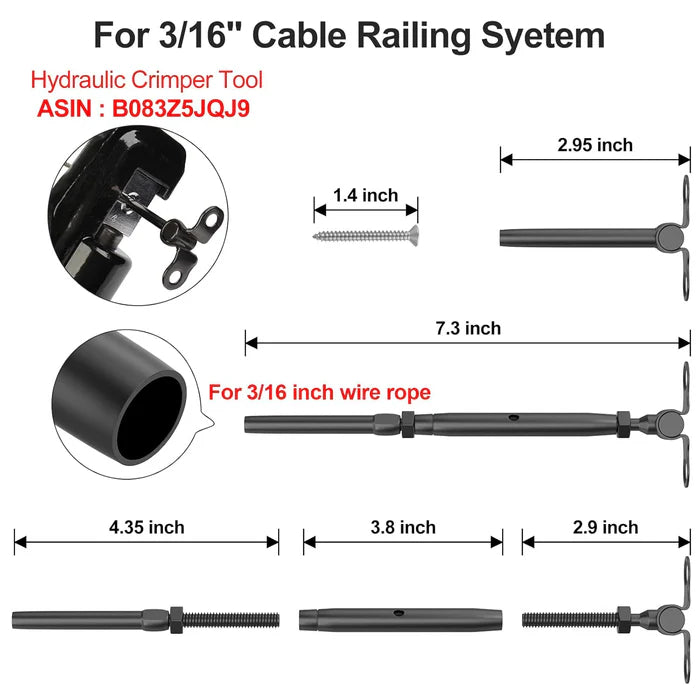 Load image into Gallery viewer, CKE 3/16" Black Cable Railing Swage Toggle Turnbuckles For Wood Posts BCR25-3/16