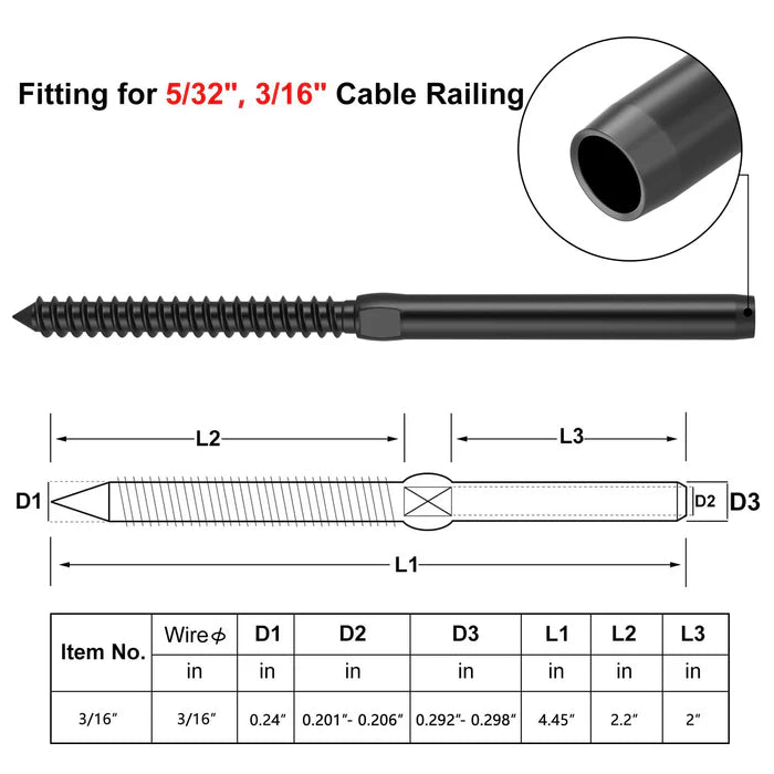 Load image into Gallery viewer, CKE 3/16" Black Cable Railing Swage Lag Screws Tensioner For Wood Posts, BCR35-3/16