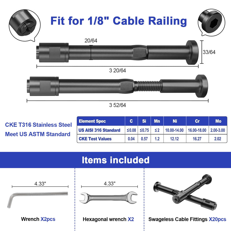Load image into Gallery viewer, CKE 1/8" Black Invisible Swageless Cable Railing Tensioner for Wood/Metal Posts, BCR301