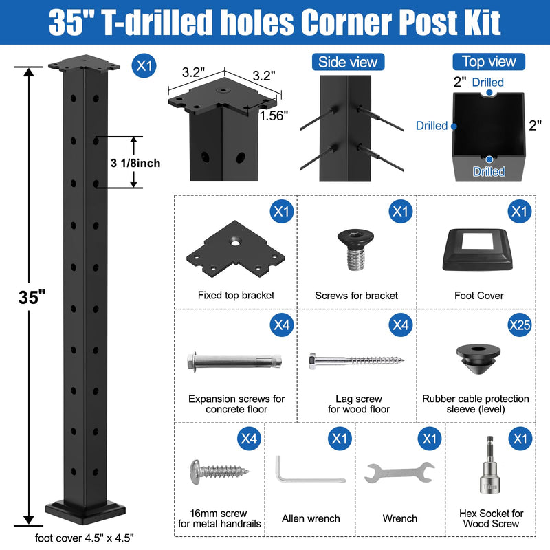 Load image into Gallery viewer, CKE 36" Three Sides T-Drilled Cable Railing Corner Post (Post 35"x2"x2")  CP02-T-N1