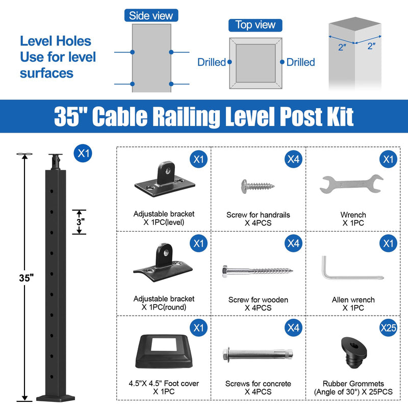 Load image into Gallery viewer, CKE 36" Adjustable Top Level Drilled Cable Railing Post(Post 35"x2"x2") LP01-N1
