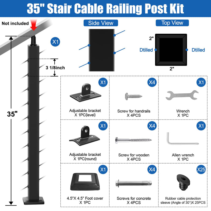 Load image into Gallery viewer, CKE 36" Adjustable Top Stair Cable Railing Post for 25-35 Degrees Stair (Post 35"x2"x2"),SP01-N1