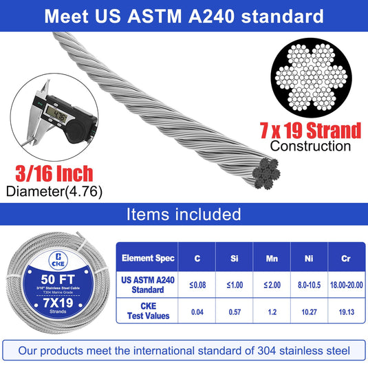 CKE 3/16" Silver T316 Stainless Steel Cable CW600