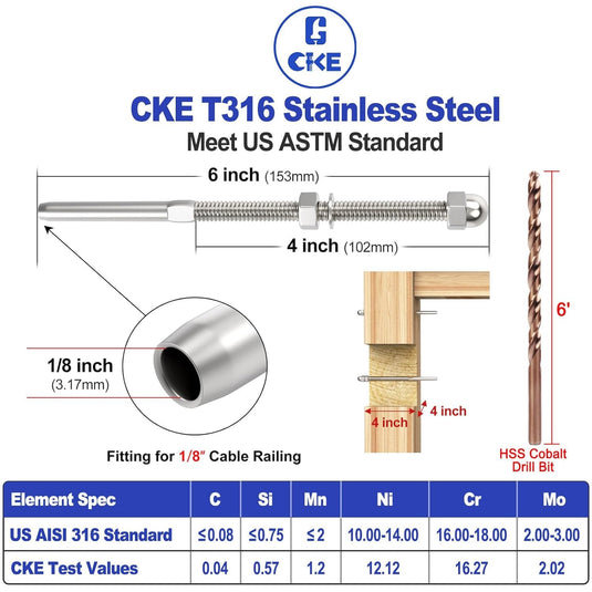 CKE 3/16" Cable Railing Swage Threaded Stud Tensioner For 2x2 To 4x4 Posts,CR06-3/16-400