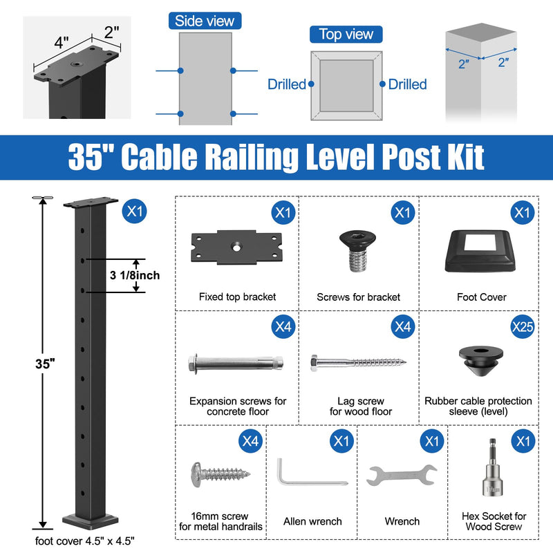 Load image into Gallery viewer, CKE 36" Black Level Drilled Cable Railing Post (Post 35"x2"x2")  LP02_02