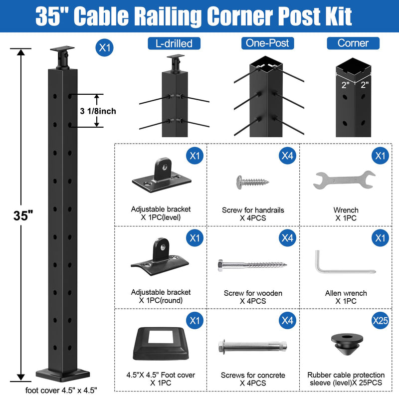 Load image into Gallery viewer, CKE 36" L-Drilled Adjustable Top Cable Railing Corner Post (Post 35"x2"x2") ,CP01-L-N1