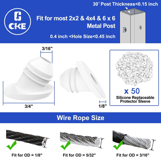 CKE 30 Degree Cable Railing Rubber Grommets For 1/8" 5/32" 3/16" Cables, WCR30