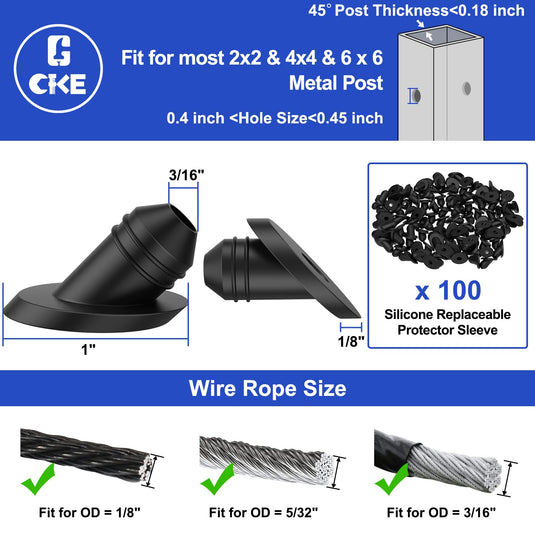 CKE Black 100 Pack 45° Cable Railing Rubber Grommets BCR30-45
