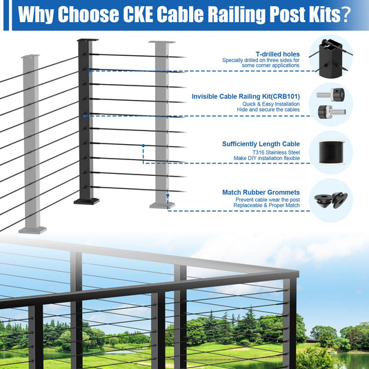 CKE 36" Three Sides T-Drilled Cable Railing Corner Post (Post 35"x2"x2")  CP02-T-N1