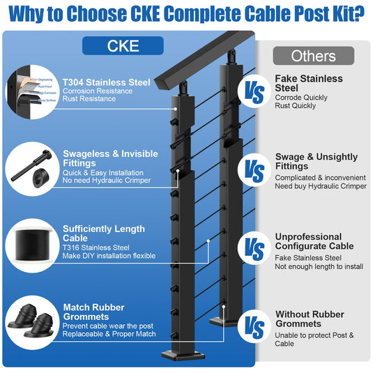 CKE 36" Adjustable Top Stair Cable Railing Post for 25-35 Degrees Stair (Post 35"x2"x2"),SP01-N1
