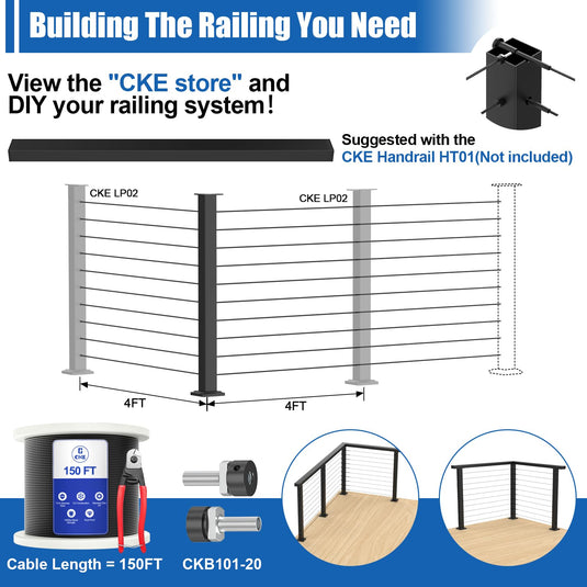 CKE 36" Three Sides T-Drilled Cable Railing Corner Post (Post 35"x2"x2")  CP02-T-N1
