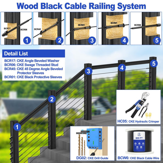 CKE Black 45 Degree 3/16" Cable Railing Angle Beveled Protector Sleeves BCR45