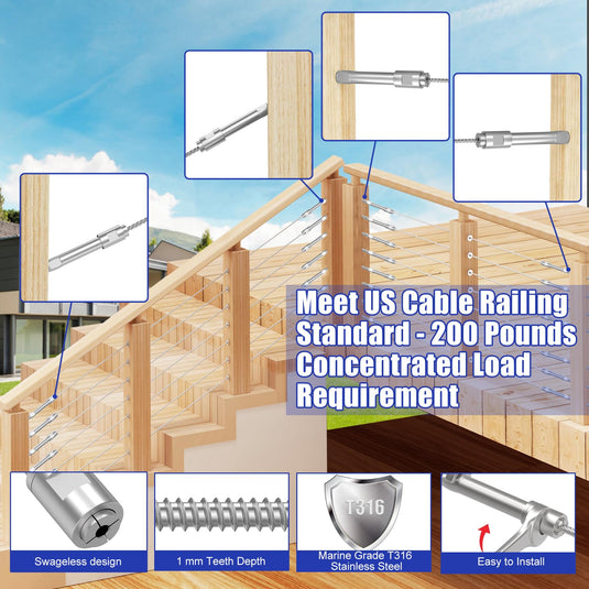 CKE 20 Pack 1/8" Swageless Lag Screws Left & Right Cable Railing Hardware Kit CR303_05