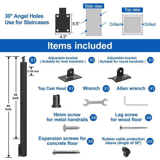 CKE 36" Angle Drilled Side Mount Post for Cable Railing_08