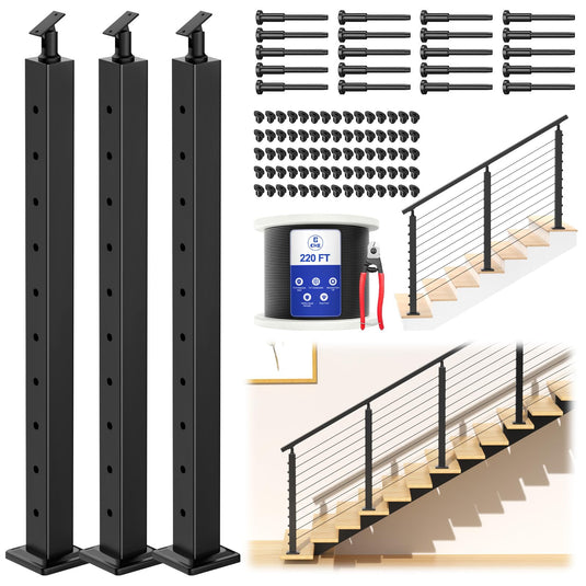 CKE 10-15ft Complete Set 36" Stair Cable Railing Post Kit (35"x2"x2") for 25°-35° Stair,SPS01