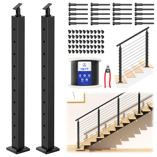 CKE 5-10ft Complete Set 36" Stair Cable Railing Post Kit (35"x2"x2") for 25°-35° Stair,SPS01
