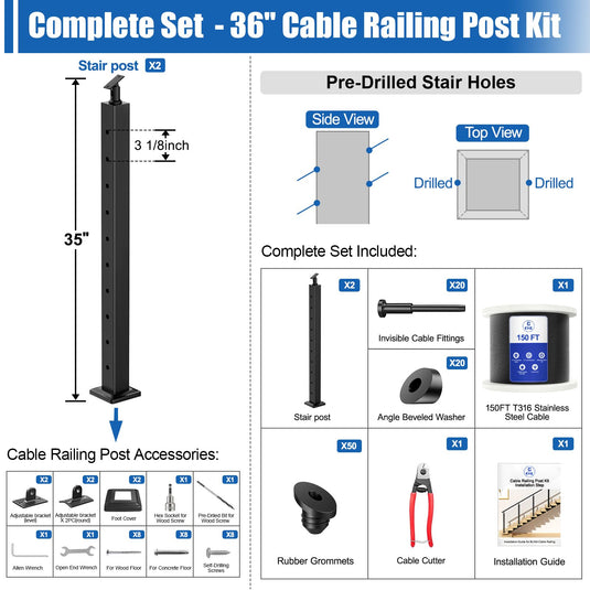 CKE 5-10ft Complete Set 36" Stair Cable Railing Post Kit (35"x2"x2") for 25°-35° Stair,SPS01