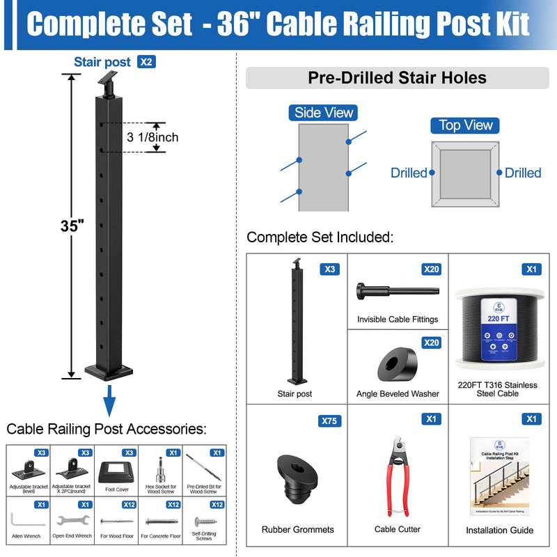 Load image into Gallery viewer, CKE 10-15ft Complete Set 36&quot; Stair Cable Railing Post Kit (35&quot;x2&quot;x2&quot;) for 25°-35° Stair,SPS01
