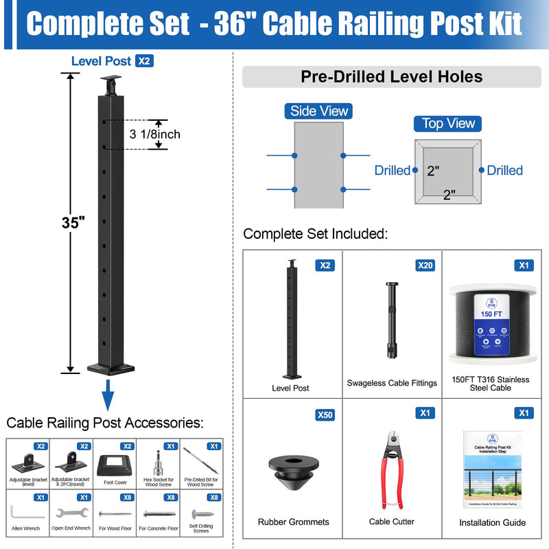Load image into Gallery viewer, CKE 5-10ft Complete Set 36&quot; Cable Railing Post Kit LPS01
