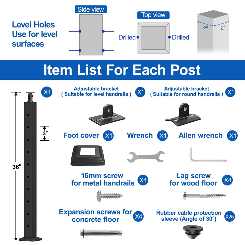 Load image into Gallery viewer, CKE 36&quot; Horizontal Drill Flat Top Cable Railing Post
