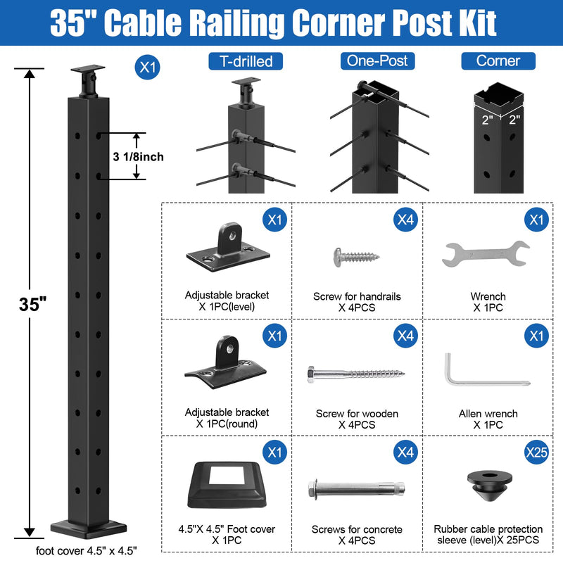 Load image into Gallery viewer, CKE T-Drilled Three Sides Adjustable Top 36&quot; T-Drilled Cable Railing Corner Post (Post 35&quot;x2&quot;x2&quot;),CP01-T-N1
