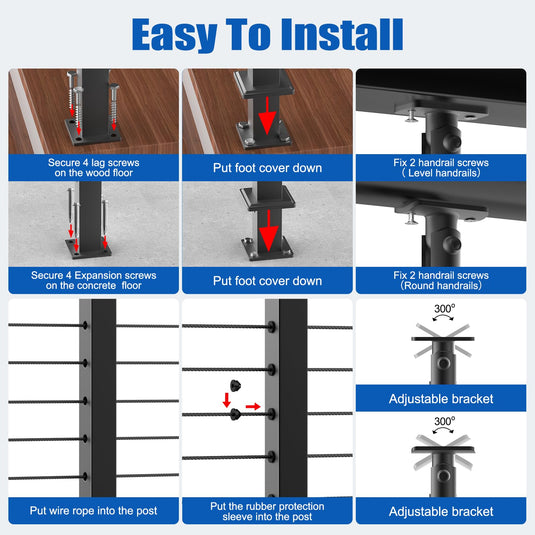 CKE 36" Horizontal Drill Flat Top Cable Railing Post