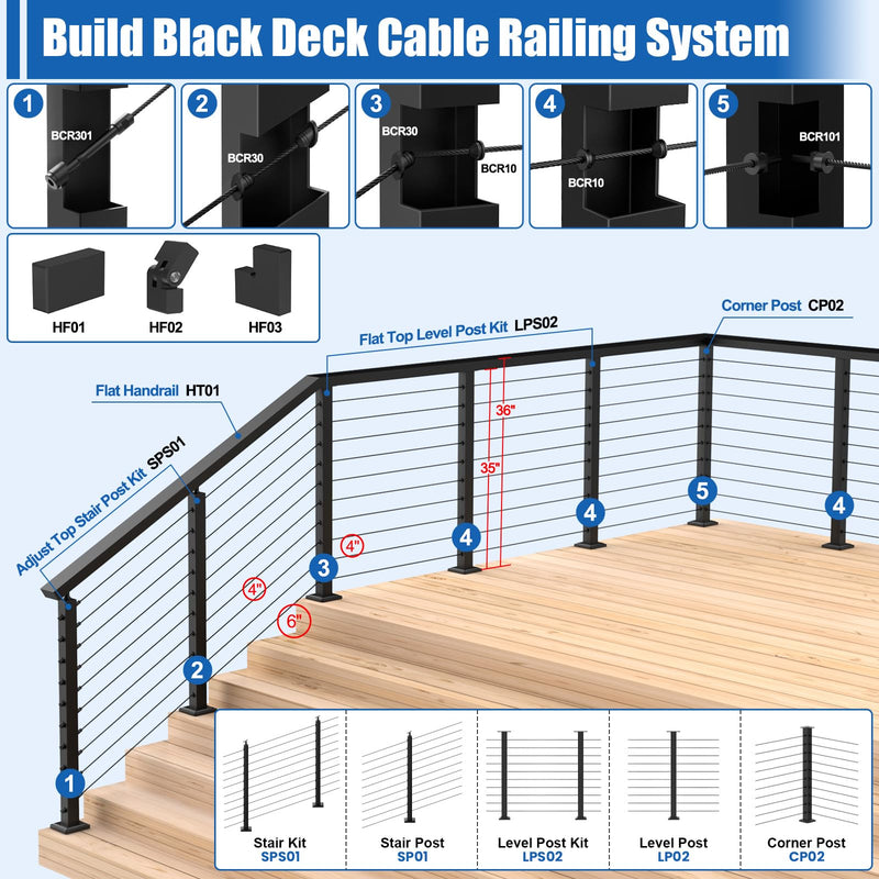 Load image into Gallery viewer, CKE 10-15ft Complete Set 36&quot; Stair Cable Railing Post Kit (35&quot;x2&quot;x2&quot;) for 25°-35° Stair,SPS01
