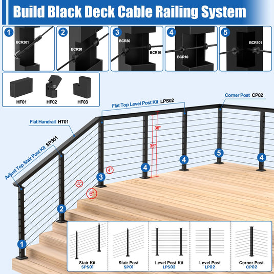 CKE 10-15ft Complete Set 36" Stair Cable Railing Post Kit (35"x2"x2") for 25°-35° Stair,SPS01