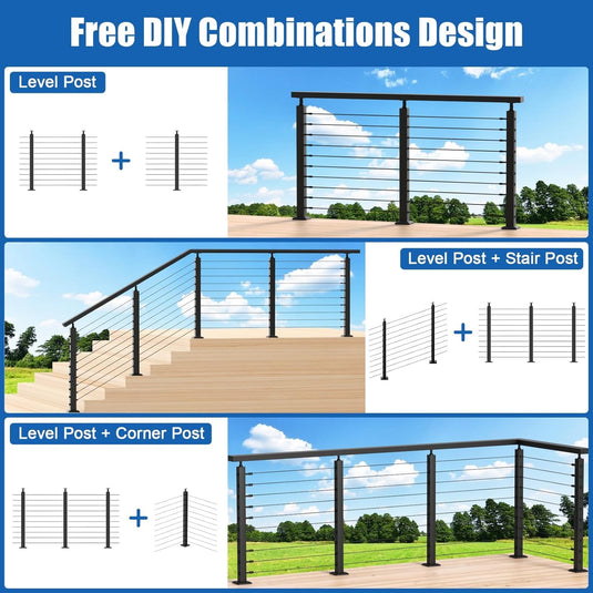 CKE 10-15ft Complete Set 36" Stair Cable Railing Post Kit (35"x2"x2") for 25°-35° Stair,SPS01