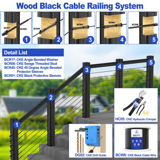 CKE 6" Black Swage Threaded Stud for 1/8" cable railing