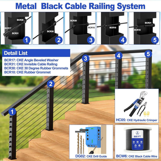 CKE 3/16" Black Invisible Cable Railing Kits For 2x2 4x4 Wood Metal Post Deck Stairs, BCR31-275
